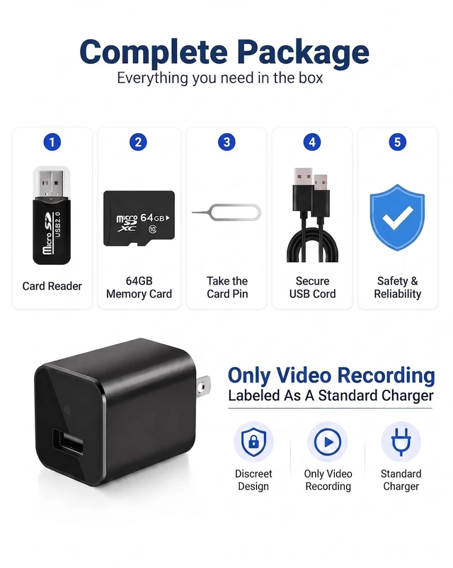 Alt view image 5 of 7 - Ctetma Charger Camera, 1080P Camera with Motion Detection with 64GB Micro SD Card Included for Home, Window, Indoor and Security (No WiFi)