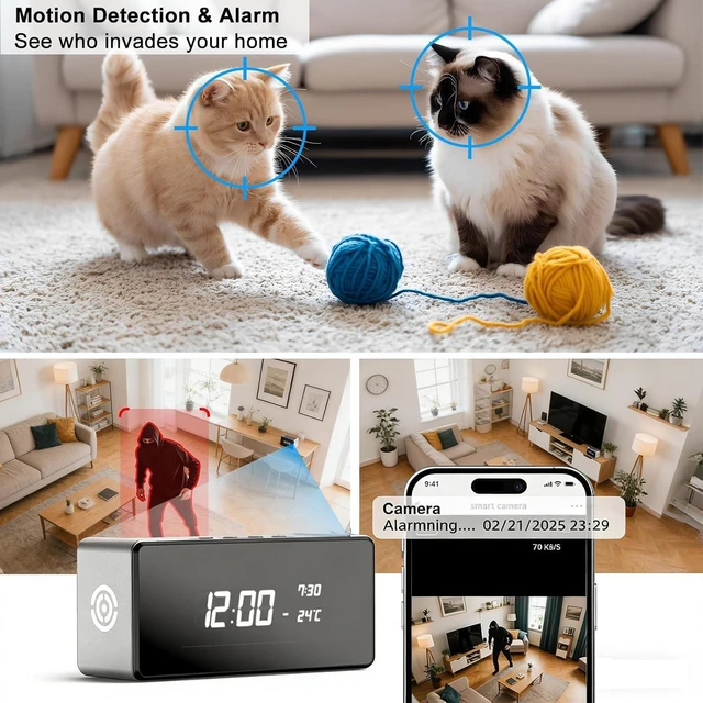 Alt view image 4 of 7 - 4K HD Mini Security Hidden Camera in Alarm Clock, Support 2.4G & 5G Wi-Fi | Night Vision, Motion Detection Alert, App Remote Real-time View, for Home/Office monitoring, SD Card Storage(Not included)