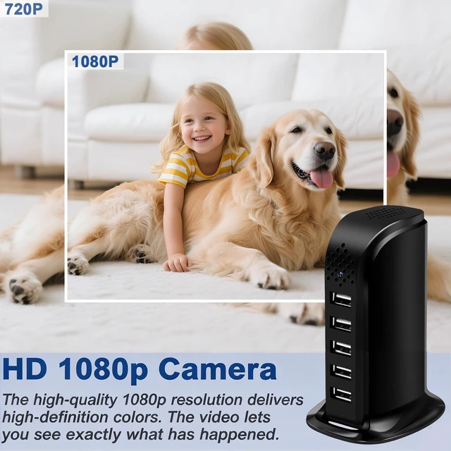 Alt view image 2 of 7 - Smynkoa 1080P USB Charger with WiFi Hidden Camera, Indoor Security Cam | 5 USB Hub, Motion Detection, Night Vision, WiFi Connected, App Controlled, Loop Recording for Home Security/ Office Pet
