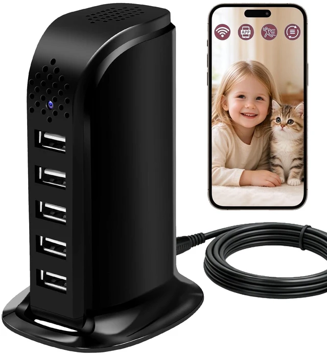 Main image of Smynkoa 1080P USB Charger with WiFi Hidden Camera, Indoor Security Cam | 5 USB Hub, Motion Detection, Night Vision, WiFi Connected, App Controlled, Loop Recording for Home Security/ Office Pet