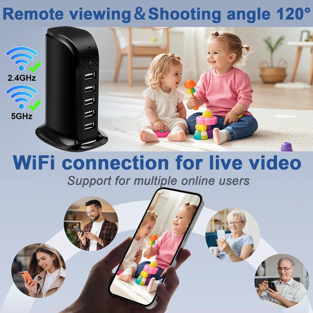 Alt view image 4 of 7 - Smynkoa 1080P USB Charger with WiFi Hidden Camera, Indoor Security Cam | 5 USB Hub, Motion Detection, Night Vision, WiFi Connected, App Controlled, Loop Recording for Home Security/ Office Pet