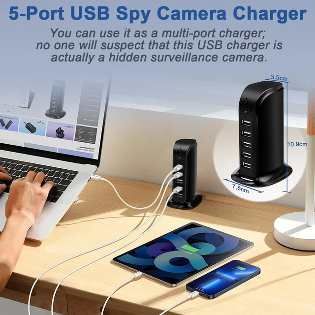 Alt view image 3 of 7 - Smynkoa 1080P USB Charger with WiFi Hidden Camera, Indoor Security Cam | 5 USB Hub, Motion Detection, Night Vision, WiFi Connected, App Controlled, Loop Recording for Home Security/ Office Pet