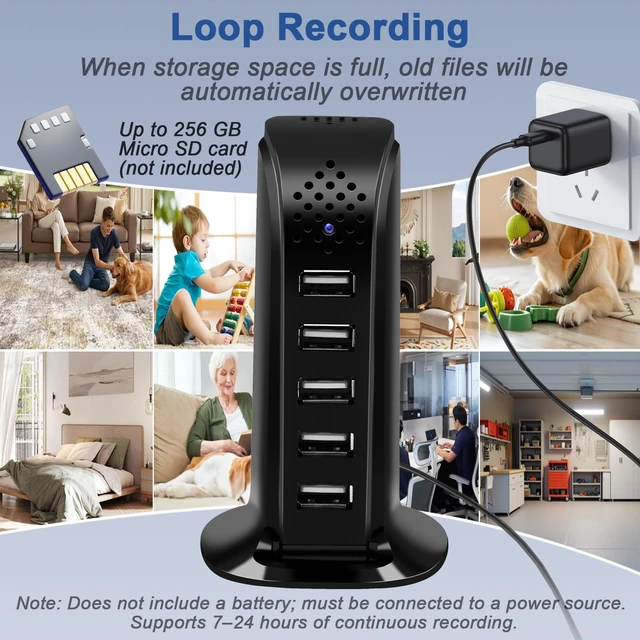 Alt view image 6 of 7 - Smynkoa 1080P USB Charger with WiFi Hidden Camera, Indoor Security Cam | 5 USB Hub, Motion Detection, Night Vision, WiFi Connected, App Controlled, Loop Recording for Home Security/ Office Pet