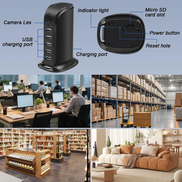 Alt view image 7 of 7 - Smynkoa 1080P USB Charger with WiFi Hidden Camera, Indoor Security Cam | 5 USB Hub, Motion Detection, Night Vision, WiFi Connected, App Controlled, Loop Recording for Home Security/ Office Pet