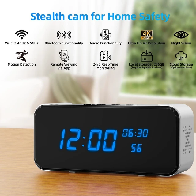 Alt view image 2 of 7 - Tccbac Hidden Camera Clock 4K WiFi, 3-in-1 Spy Cam with Bluetooth Speaker | nanny cam hidden camera, motion detection alert, real-time App remote view, night vision, micro SD storage