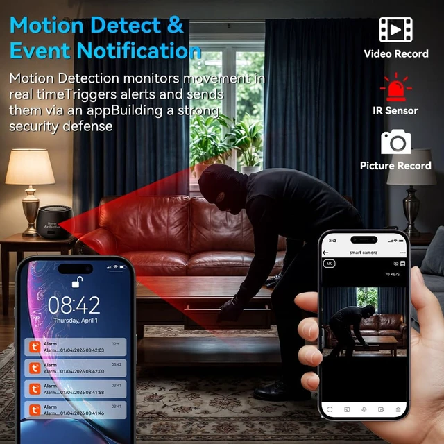 Alt view image 4 of 7 - 1080P HD Security Mini Hidden Camera with Night Vision and Motion Detection | 2-IN-1 Wide-Angle Nanny Hidden Cam, Smoke & Odor Filtration, APP Remote Control, Work with iOS/Android