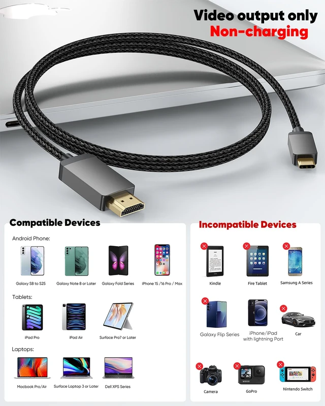 Alt view image 2 of 7 - 4K Long USB C to HDMI Cable 30FT, High Speed Type-C to HDMI Cord-Braided | Thunderbolt 3/4/5 Compatible for Monitor, TV, Projector, Galaxy S24/S25/S26, iPhone 15/16/17, MacBook, iPad Pro, Dell XPS
