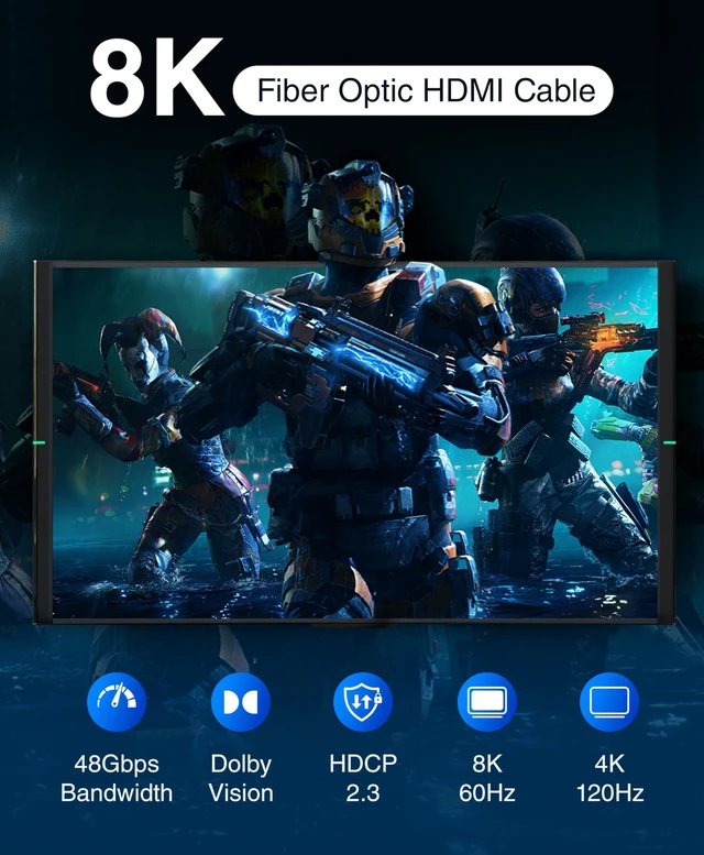 Alt view image 5 of 7 - BlueRigger 10K 8K Fiber Optic HDMI 2.1 Cable 25FT in-Wall CL3 Rated 48Gbps | 8K 60Hz, HDR10+, eARC, HDMI Cord, Unidirectional Extra Long HDMI Cable - Ultra High Speed 2.1 Cable - for Gaming, VR, HDTV
