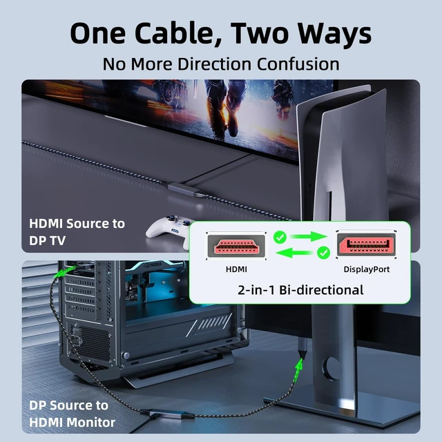 Alt view image 3 of 7 - Bidirectional
DisplayPort
to
HDMI
4K@60Hz
HDMI
to
DisplayPort
Cable
8Ft | HDMI DisplayPort cable with USB-C Power, Braided Build, Bi-directional 4K, 2K@120Hz for PS5, Xbox, Laptop, PC and Monitors