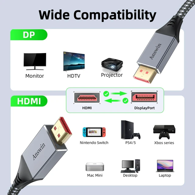 Alt view image 6 of 7 - Bidirectional
DisplayPort
to
HDMI
4K@60Hz
HDMI
to
DisplayPort
Cable
8Ft | HDMI DisplayPort cable with USB-C Power, Braided Build, Bi-directional 4K, 2K@120Hz for PS5, Xbox, Laptop, PC and Monitors