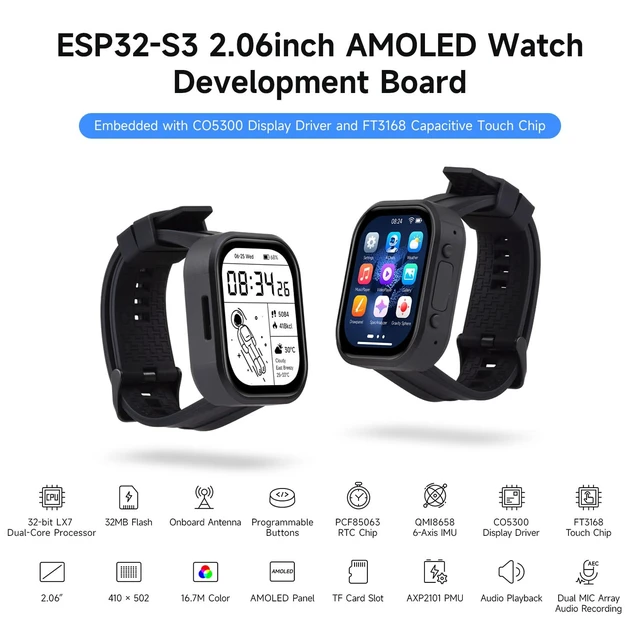 Alt view image 3 of 7 - Waveshare ESP32-S3 2.06inch AMOLED Touch Watch Development Board, 32-bit LX7 Dual-core, 410×502 Pixels, QSPI, Onboard Dual Digital Microphones Array, ESP32 with Display, Without Battery