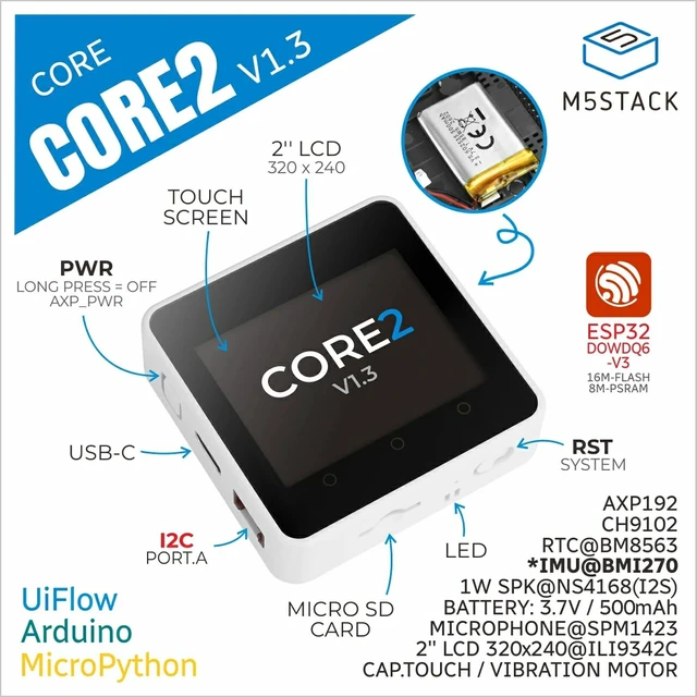 Alt view image 2 of 7 - M5Stack Official Core2 ESP32 IoT Development Kit v1.3 | ESP32 dual-core 240MHz, 2.0"vivid touchscreen, Wi-Fi, Grove expansion, 500mAh battery ideal for IoT/HMI prototyping