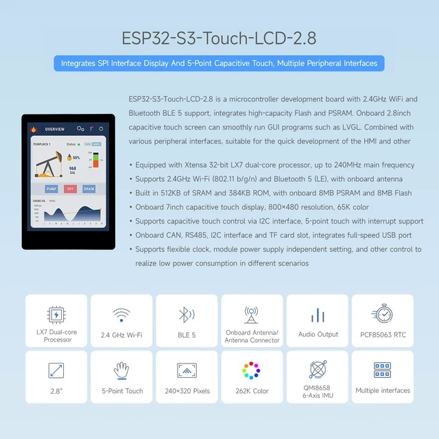 Alt view image 3 of 7 - Waveshare ESP32-S3 2.8inch Capacitive Touch Display Development Board, 5-Point Touch, Multiple Peripheral Interfaces, 32-Bit LX7 Dual-Core Processor, Up to 240MHz Frequency, 240×320 Resolution