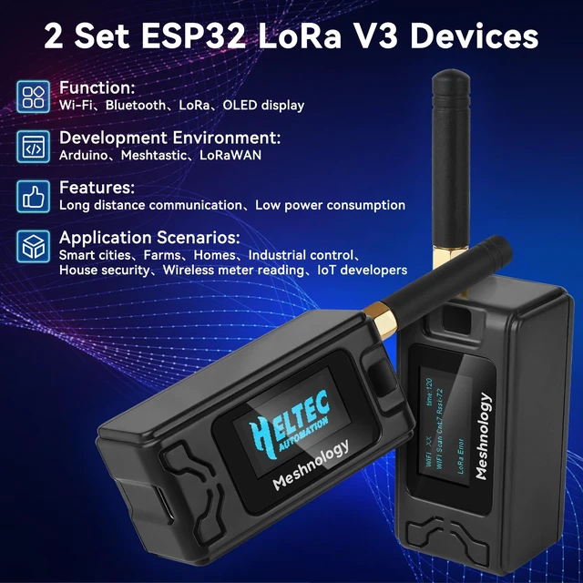 Alt view image 2 of 7 - Meshnology 2 Pack ESP 32 Lo Ra V3 Development Board + 1100mAh Battery + Protect Case Set - with 915MHz Antenna and SX 1262 Lo Ra V3 Devices for Mesh Tastic Ar duino Lo Rawan IoT (N30 Version, Black)
