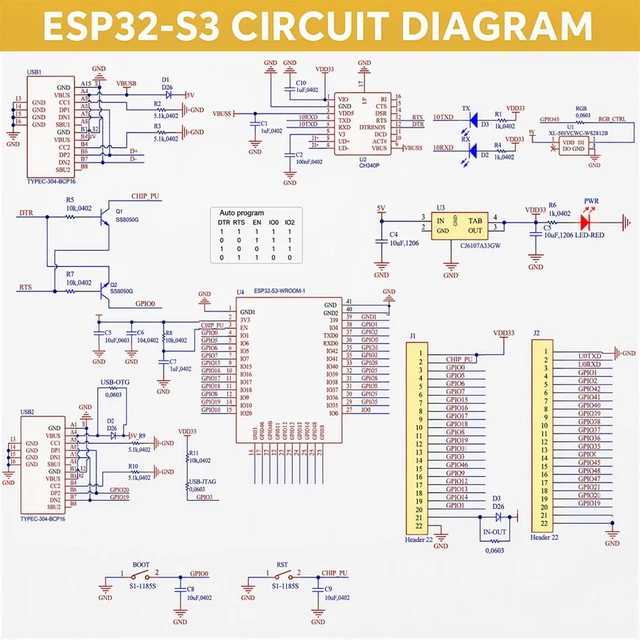 Alt view image 6 of 7 - hiBCTR 6-Pack ESP32-S3 DevKit Board, N16R8, 44-Pin, WiFi BT | ESP32-S3-WROOM-1 module, 8MB PSRAM, dual-side I/O breakout, includes Type-C cable, for IoT projects