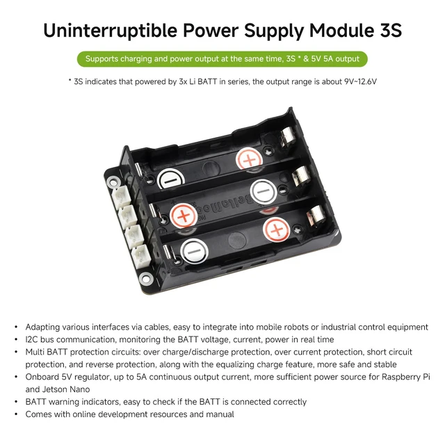 Alt view image 3 of 7 - Waveshare Uninterruptible Power Supply (UPS) Module, Supports Charging and Power Output at the Same Time, 3S & 5V 5A Output, Compatible with Raspberry Pi Board