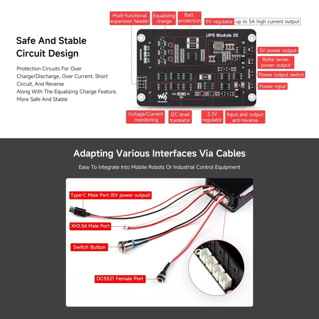Alt view image 6 of 7 - Waveshare Uninterruptible Power Supply (UPS) Module, Supports Charging and Power Output at the Same Time, 3S & 5V 5A Output, Compatible with Raspberry Pi Board