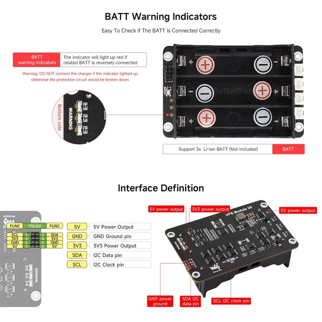 Alt view image 7 of 7 - Waveshare Uninterruptible Power Supply (UPS) Module, Supports Charging and Power Output at the Same Time, 3S & 5V 5A Output, Compatible with Raspberry Pi Board