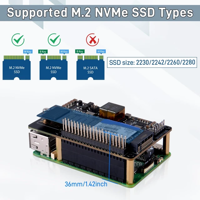 Alt view image 4 of 7 - GeeekPi P33 M.2 NVME M-Key PoE+ Hat with Official Pi 5 Active Cooler and Aluminum Case for Raspberry Pi 5, Support M.2 NVMe SSDs 2230/2242/2260/2280