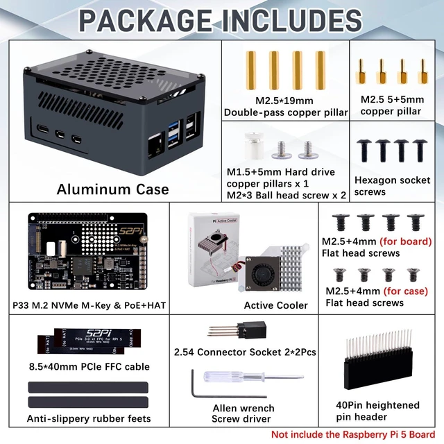 Alt view image 6 of 7 - GeeekPi P33 M.2 NVME M-Key PoE+ Hat with Official Pi 5 Active Cooler and Aluminum Case for Raspberry Pi 5, Support M.2 NVMe SSDs 2230/2242/2260/2280