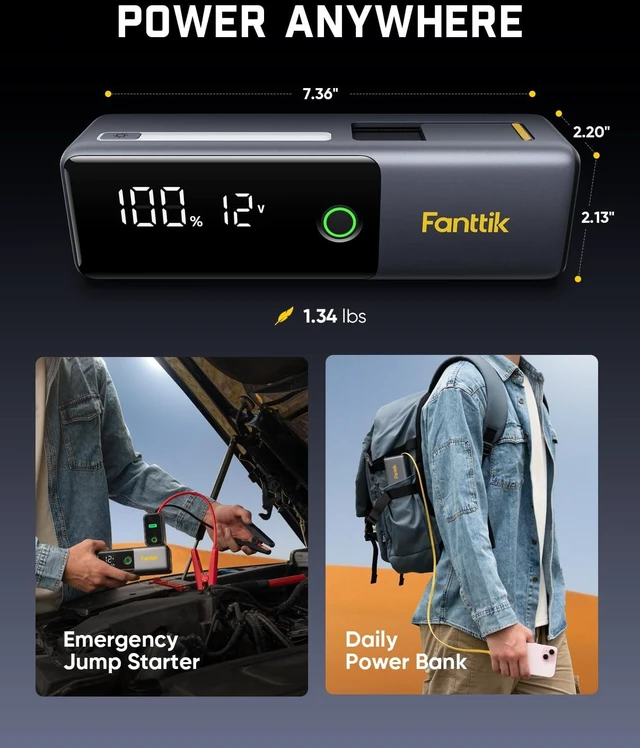 Alt view image 3 of 7 - Fanttik Potent T10 1800A Portable Jump Starter for 7.0L Gas and 5.0L Diesel | 12V Safe Lithium, 12000mAh Power Bank, Retractable Charging Cable, Smart SenseClamp, for 7.0L Gas and 5.0L Diesel Engines