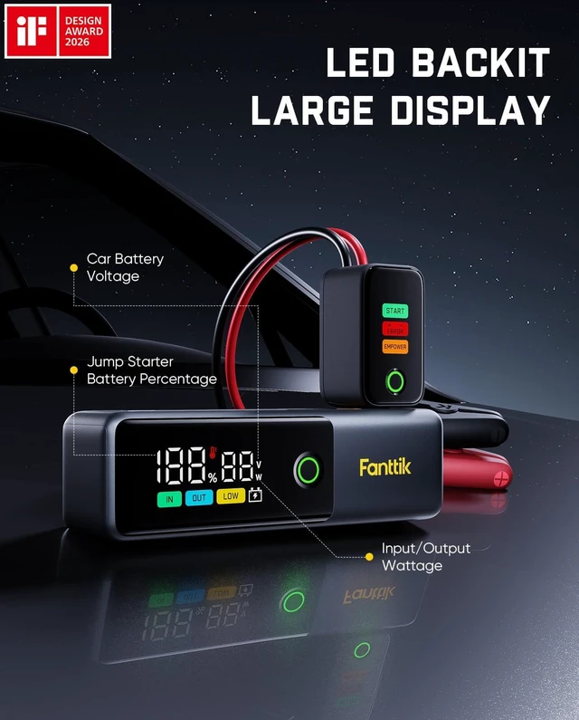 Alt view image 4 of 7 - Fanttik Potent T10 1800A Portable Jump Starter for 7.0L Gas and 5.0L Diesel | 12V Safe Lithium, 12000mAh Power Bank, Retractable Charging Cable, Smart SenseClamp, for 7.0L Gas and 5.0L Diesel Engines