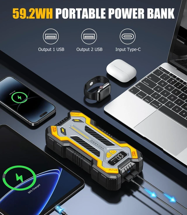 Alt view image 5 of 7 - VACASSO Car Jump Starter 5000A, 12V Battery Jumper Starter Portable Pack | Up to 10L Gas and 8L Diesel Engines, Power Pack with Booster Jump Box, LED Light, Jumper Cable, Portable Jump Starter for Car