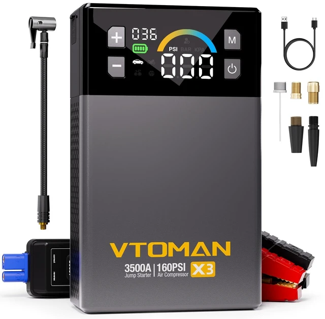 Main image of VTOMAN X3 Jump Starter with Air Compressor, 3500A Portable Car Jump Starter | 9L Gas/8.5L Diesel Engines, 160PSI Auto-Shutoff Tire Inflator, Jump Box, 12V Lithium Battery, Booster Pack, LED Screen