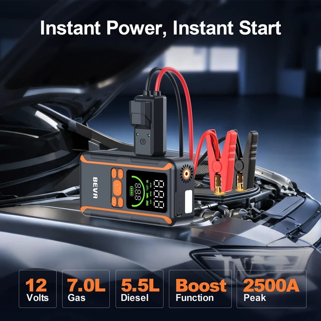 Alt view image 2 of 7 - BEVA CAP11A 2500A Portable Jump Starter with Air Compressor | Fast Inflate, Built-In Power Bank and LED Light, Compact Jump Starter for 7L Gasoline and 5.5L Diesel Engines