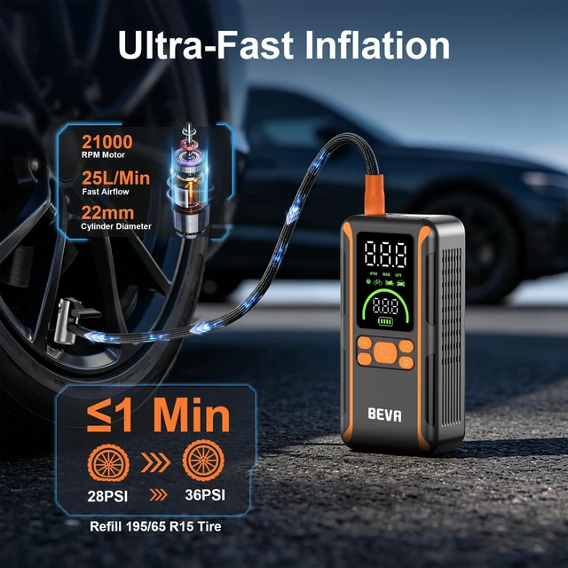 Alt view image 3 of 7 - BEVA CAP11A 2500A Portable Jump Starter with Air Compressor | Fast Inflate, Built-In Power Bank and LED Light, Compact Jump Starter for 7L Gasoline and 5.5L Diesel Engines