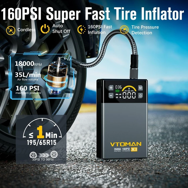 Alt view image 3 of 7 - VTOMAN X3 Jump Starter with Air Compressor, 3500A Portable Car Jump Starter | 9L Gas/8.5L Diesel Engines, 160PSI Auto-Shutoff Tire Inflator, Jump Box, 12V Lithium Battery, Booster Pack, LED Screen