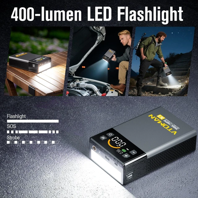 Alt view image 7 of 7 - VTOMAN X3 Jump Starter with Air Compressor, 3500A Portable Car Jump Starter | 9L Gas/8.5L Diesel Engines, 160PSI Auto-Shutoff Tire Inflator, Jump Box, 12V Lithium Battery, Booster Pack, LED Screen