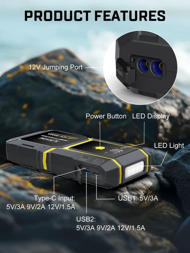 Alt view image 3 of 7 - S ZEVZO H021 Car Jump Starter, Peak 5000A Jump Starter Battery Pack for Up to 10.0L Gas and 8.0L Diesel Engines, 12V Portable Jump Box with LCD Display, 3 Modes Flashlight and Protective Carrying Case