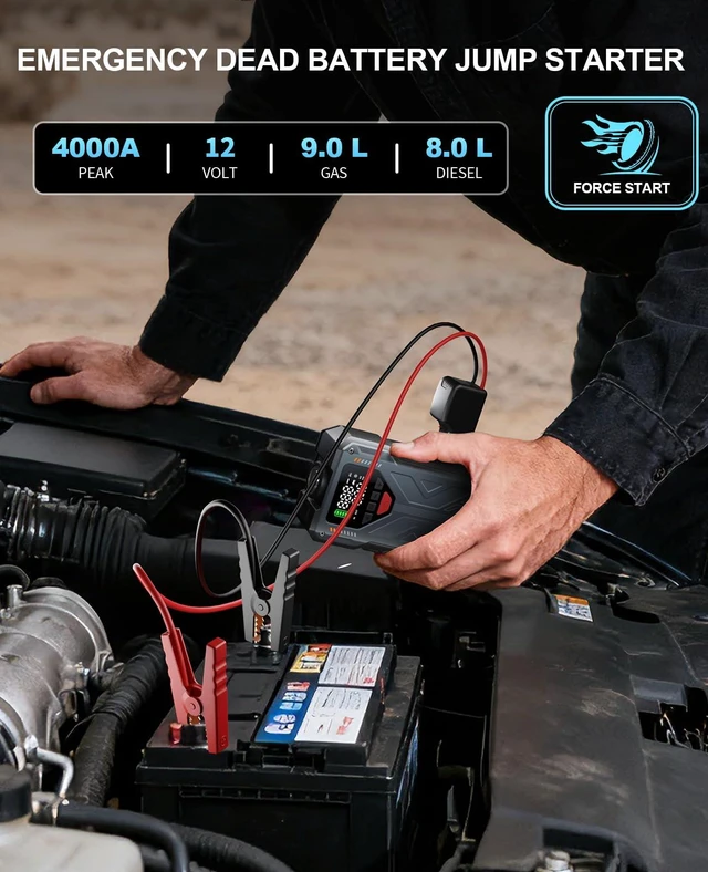 Alt view image 2 of 7 - Jump Starter with Air Compressor, 4000A 12V Portable Car Jump Box, 150PSI Tire Inflator Battery Jumper Booster, Power Bank LED Flashlight, Car Emergency Kit for Vehicles (9.0L Gas / 8.0L Diesel)
