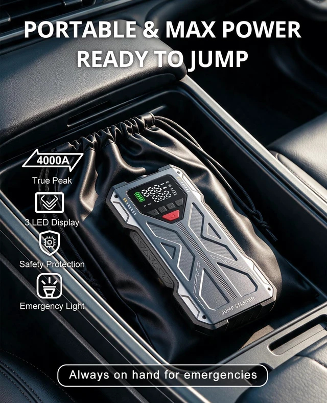 Alt view image 4 of 7 - Jump Starter with Air Compressor, 4000A 12V Portable Car Jump Box, 150PSI Tire Inflator Battery Jumper Booster, Power Bank LED Flashlight, Car Emergency Kit for Vehicles (9.0L Gas / 8.0L Diesel)