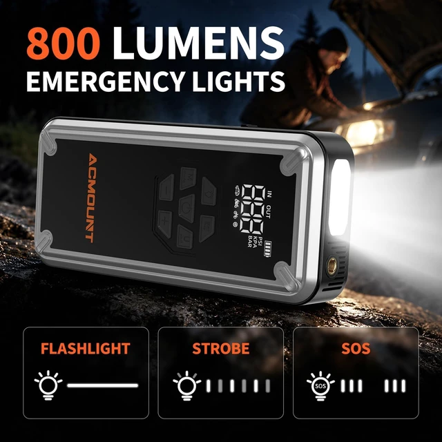 Alt view image 5 of 7 - ACMOUNT W160 5000A Jump Starter with Air Compressor 150PSI, 12V Jump Box | Car Jumper Starter Portable(9L Gas/8L Diesel) with Jump Cables, Tire Inflator, 3 LED Light Modes, Power Bank, Car Essentials