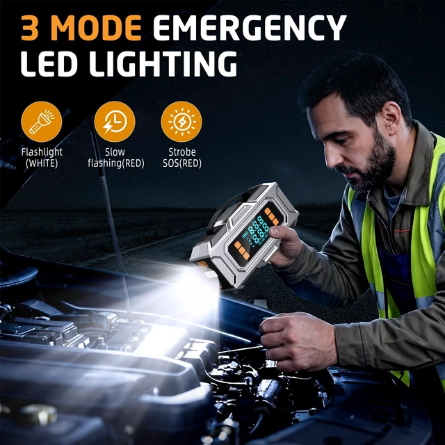 Alt view image 7 of 7 - 8000A Jump Starter with Air Compressor, 180PSI Auto-Shutoff Tire Inflator | 12V Car Battery Jumper Starter Portable (9L Gas/8L Diesel) Engines, Jump Box with Jumper Cables, LED Light, Power Bank