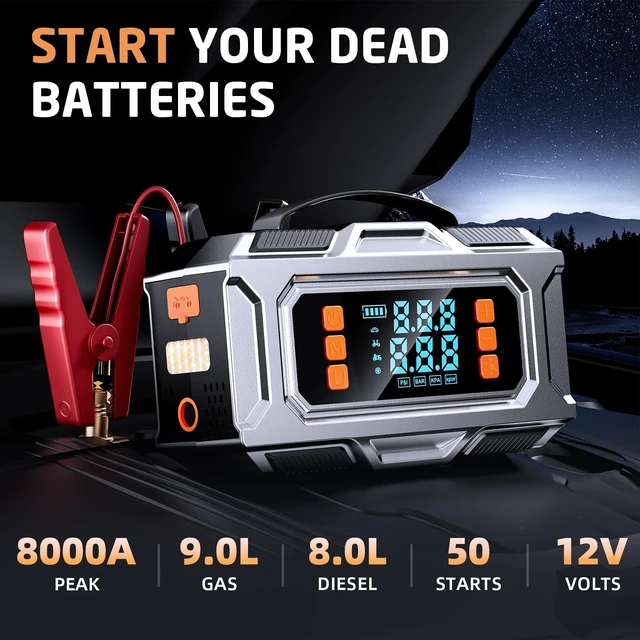 Alt view image 2 of 7 - 8000A Jump Starter with Air Compressor, 180PSI Auto-Shutoff Tire Inflator | 12V Car Battery Jumper Starter Portable (9L Gas/8L Diesel) Engines, Jump Box with Jumper Cables, LED Light, Power Bank