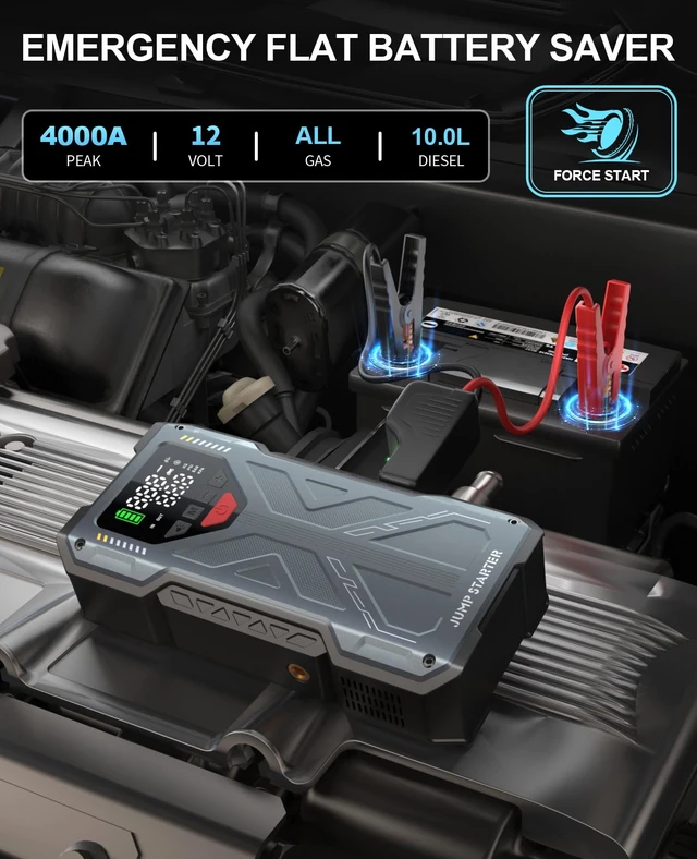 Alt view image 2 of 7 - Jump Starter with Air Compressor, 5 in 1 Car Battery Jump Starter Portable | 12V Jump Box with Auto-Shutoff Tire Inflator, 4000A with Force-Start for Deeply Drained Batteries, Up to All Gas/10L Diesel