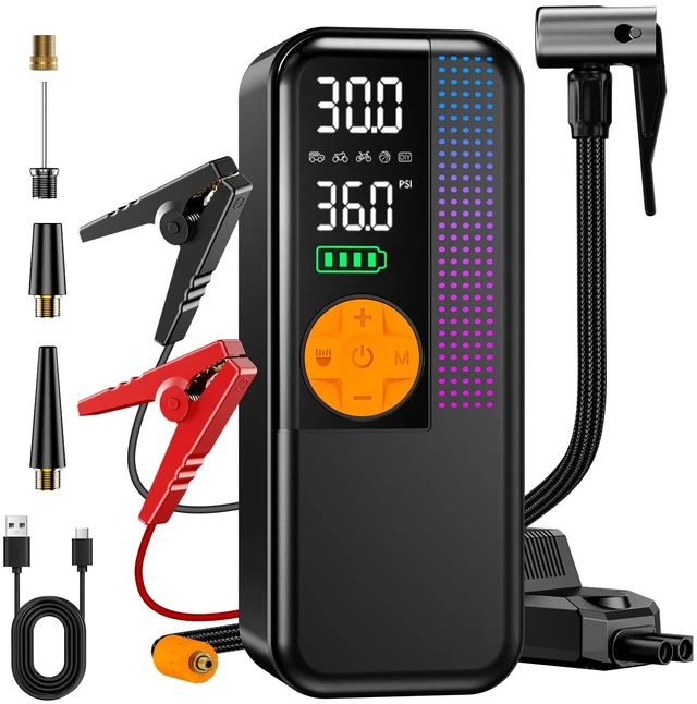 Main image of Jump Starter with Air Compressor2000A Portable Car Battery Booster | Fits Up To 8L Gas & 4L Diesel Engines; Built-In 150 Psi Tire Inflator, 15 V Jump Starter Box With Lcd Display And Led Light