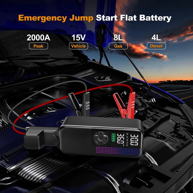 Alt view image 2 of 6 - Jump Starter with Air Compressor2000A Portable Car Battery Booster | Fits Up To 8L Gas & 4L Diesel Engines; Built-In 150 Psi Tire Inflator, 15 V Jump Starter Box With Lcd Display And Led Light