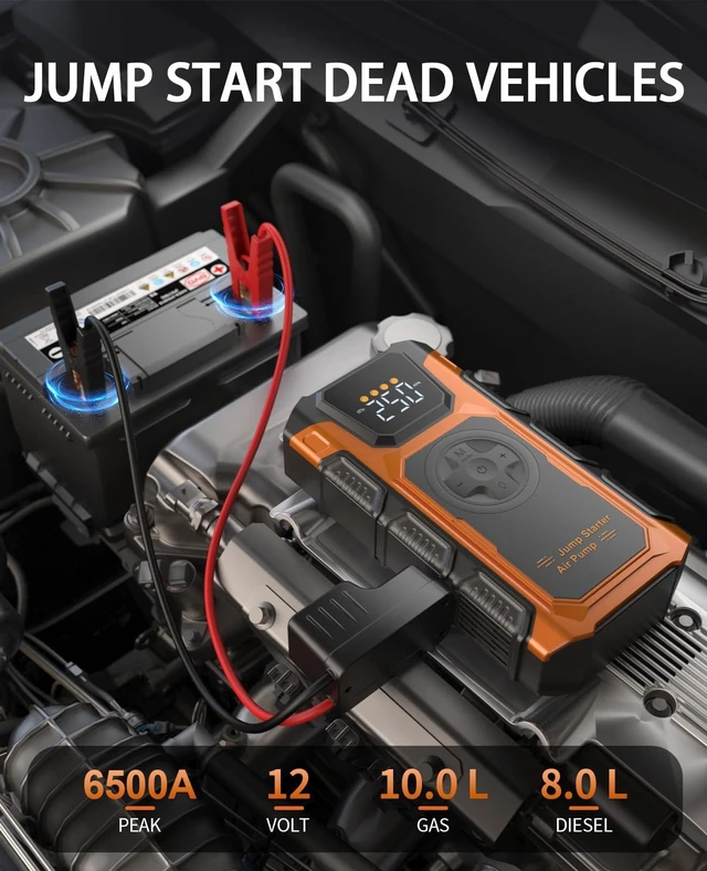 Alt view image 2 of 7 - Jump Starter with Air Compressor, 6500A Car Battery Charger Power Jump Box Start 12V Vehicles(Up to 10.0L Gas&8.0L Diesel Engines) Portable Car Booster Jumper Pack Combo150 PSI Tire Inflator
