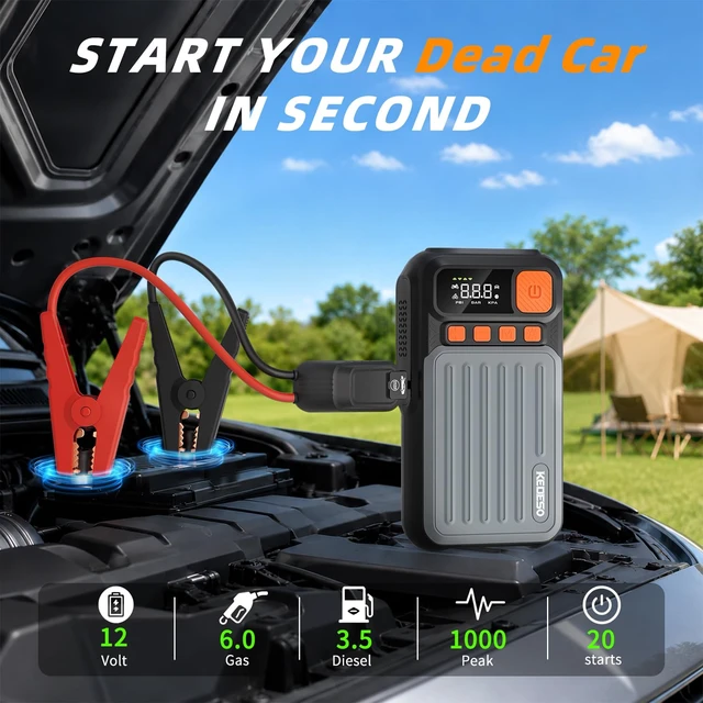 Alt view image 2 of 7 - Car Jump Starter with Air Compressor Battery Jumper Starter Portable | 1000A Jump Box with 160PSI Tire Inflator, 12V 6.0L Gas/3.5L Diesel, LED Lights, Power Bank and Case, Road Trip Essentials