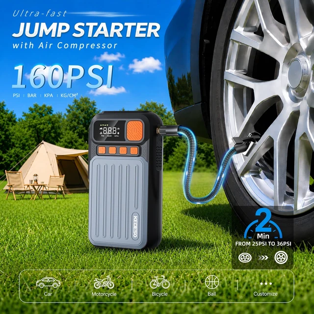 Alt view image 3 of 7 - Car Jump Starter with Air Compressor Battery Jumper Starter Portable | 1000A Jump Box with 160PSI Tire Inflator, 12V 6.0L Gas/3.5L Diesel, LED Lights, Power Bank and Case, Road Trip Essentials