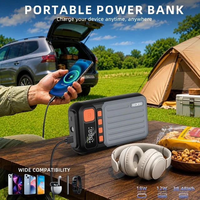 Alt view image 4 of 7 - Car Jump Starter with Air Compressor Battery Jumper Starter Portable | 1000A Jump Box with 160PSI Tire Inflator, 12V 6.0L Gas/3.5L Diesel, LED Lights, Power Bank and Case, Road Trip Essentials