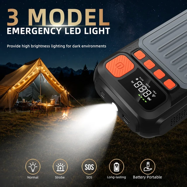 Alt view image 5 of 7 - Car Jump Starter with Air Compressor Battery Jumper Starter Portable | 1000A Jump Box with 160PSI Tire Inflator, 12V 6.0L Gas/3.5L Diesel, LED Lights, Power Bank and Case, Road Trip Essentials
