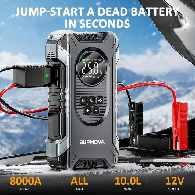 Alt view image 2 of 7 - 8000A Portable Car Battery Jump Starter with Air Compressor 150PSI | For gas & 10L diesel vehicles. Tire inflator, power bank, LED light. Auto-Shutoff, Tire Inflato Portable w/ storage case