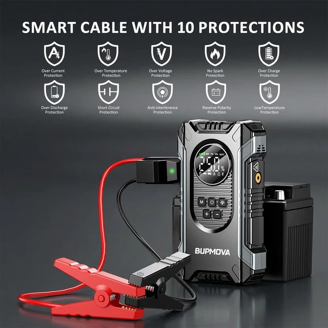 Alt view image 4 of 7 - 8000A Portable Car Battery Jump Starter with Air Compressor 150PSI | For gas & 10L diesel vehicles. Tire inflator, power bank, LED light. Auto-Shutoff, Tire Inflato Portable w/ storage case