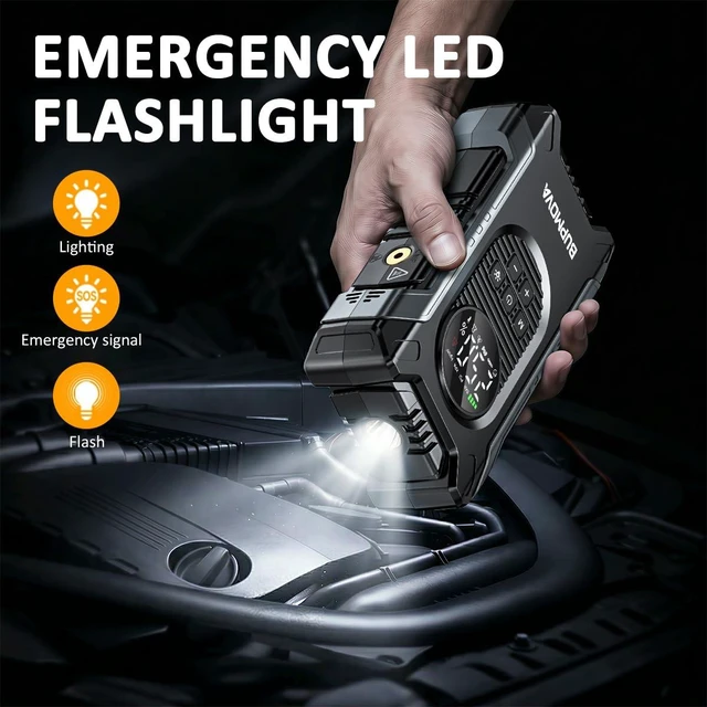 Alt view image 6 of 7 - 8000A Portable Car Battery Jump Starter with Air Compressor 150PSI | For gas & 10L diesel vehicles. Tire inflator, power bank, LED light. Auto-Shutoff, Tire Inflato Portable w/ storage case