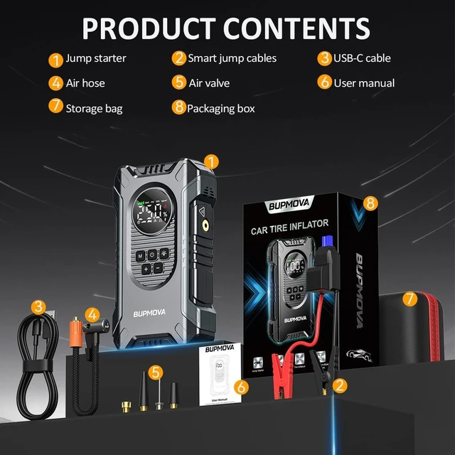 Alt view image 7 of 7 - 8000A Portable Car Battery Jump Starter with Air Compressor 150PSI | For gas & 10L diesel vehicles. Tire inflator, power bank, LED light. Auto-Shutoff, Tire Inflato Portable w/ storage case